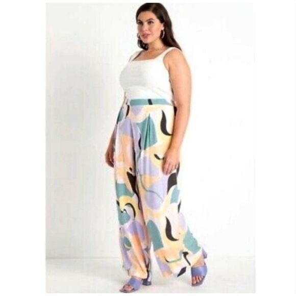 NWT Eloquii Printed Wide Leg Palazzo High Rise Pants Plus Sz 16 Pastel Pull On - Picture 1 of 11